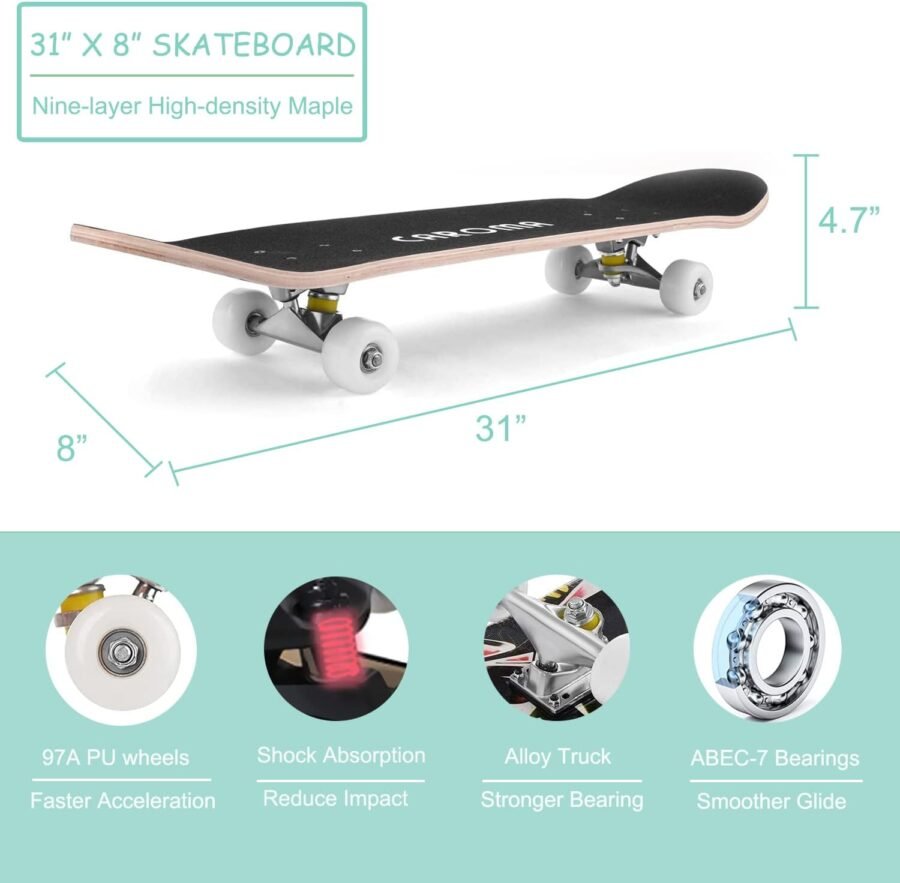 Caroma 31" Skill Skateboard Double Kick Skateboard Cruiser Longboard 9 Layers Solid Maple Deck Complete Skateboards for Teens an - Image 2