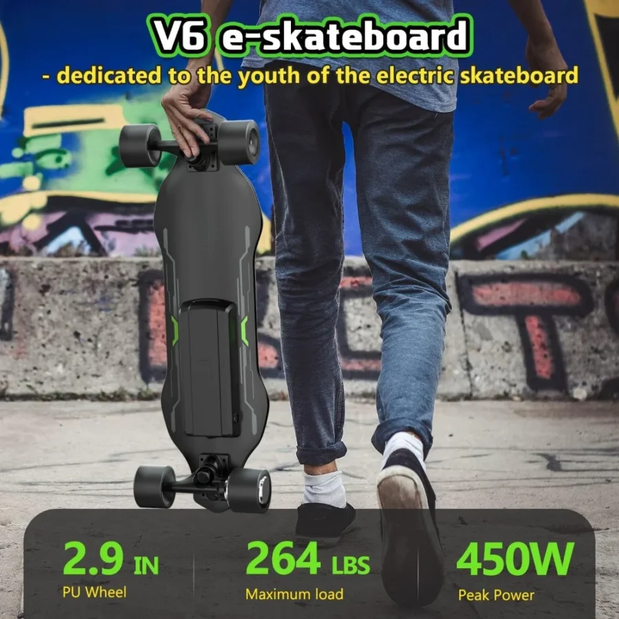 V6 ER Electric Skateboard, Replaceable Pedal Sticker Design, 450W Peak Power, 10 Miles Max Range, 12 MPH Top Speed, 264Lbs - Image 3