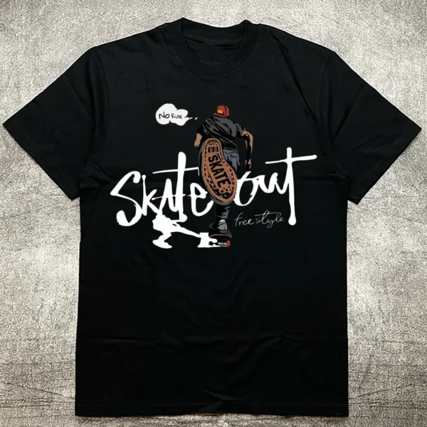 Skate Style Print 200g Cotton Men's Black Crewneck Short - Sleeve T - Shirt